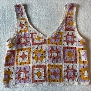 Rebellion Again Crochet Cropped Tank Top, Pink Mustard Cream. Size Medium